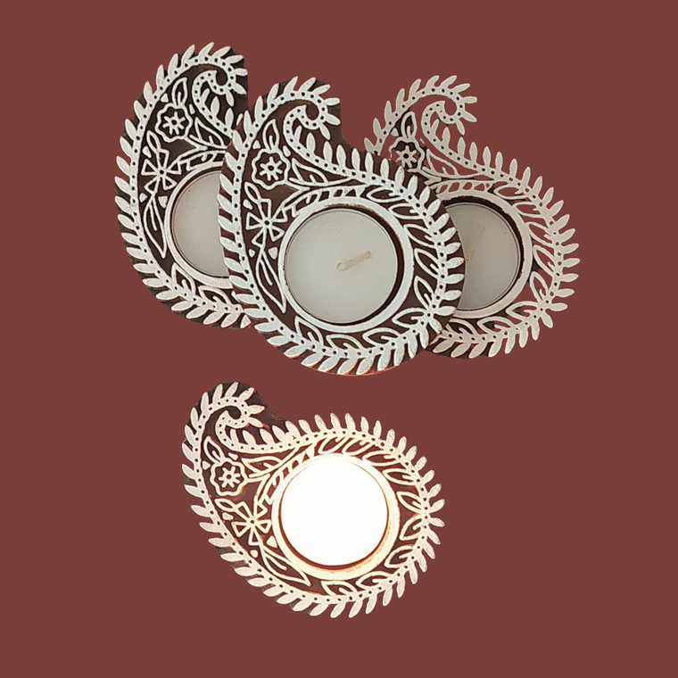 Exquisite Set Of 4 Paisley Design Tea Light Holders Handcrafted in Wood. L 10 cm x W 7.5 cm x Ht 2.5 cm