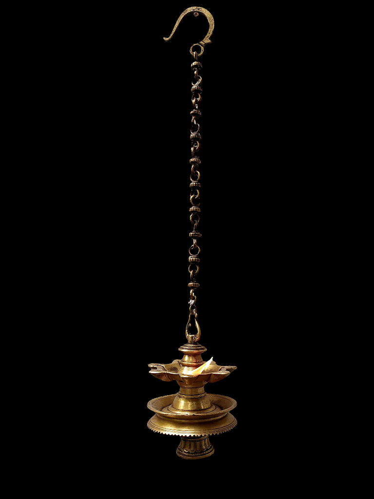 Vintage Brass Oil Lamp With Bell - "Thooku Vilakku" From South India. Length 76 cm x Diameter 16 cm