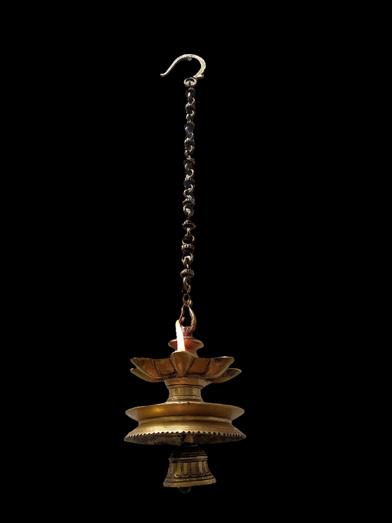 Vintage Brass Oil Lamp With Bell - "Thooku Vilakku" From South India. Length 64 cm x Diameter 12 cm