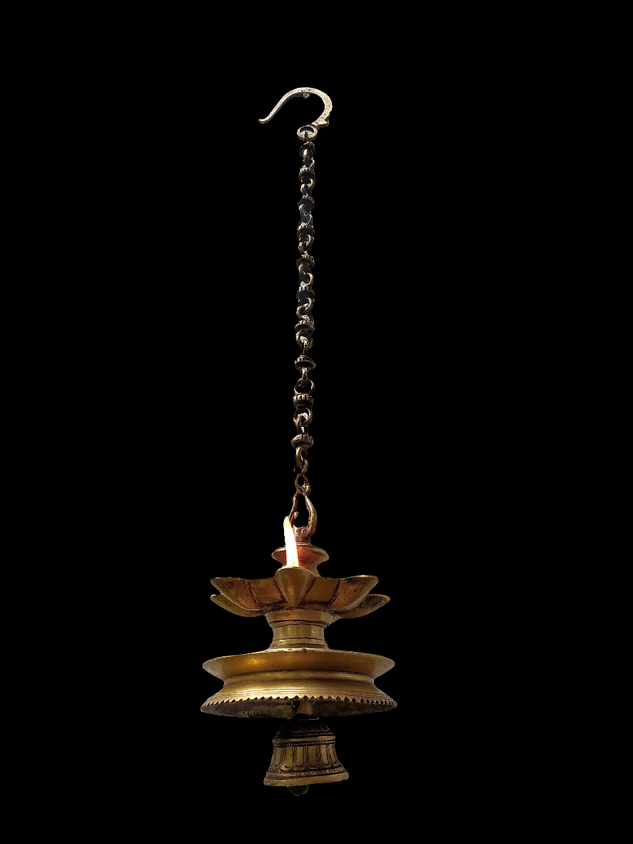 Vintage Brass Oil Lamp With Bell - "Thooku Vilakku" From South India. Length 64 cm x Diameter 12 cm