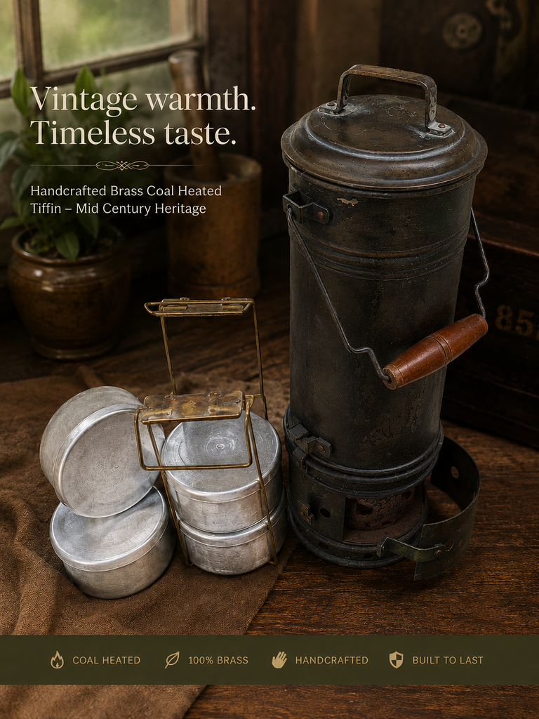 Vintage Coal-Heated Brass Tiffin with Four Food Containers | Mid-Century Indian Kitchenware. Height 49 cm