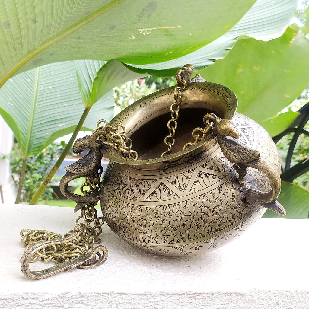 Vintage Hanging Brass Planter With 3 Peacock Handles. Length With Chain 89 cm x Diameter 16 cm