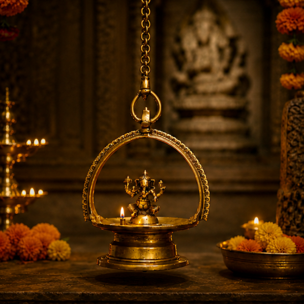 Divine Brass Lamp Of Lord Ganesha, Length 93 cm, Religious Home Decor