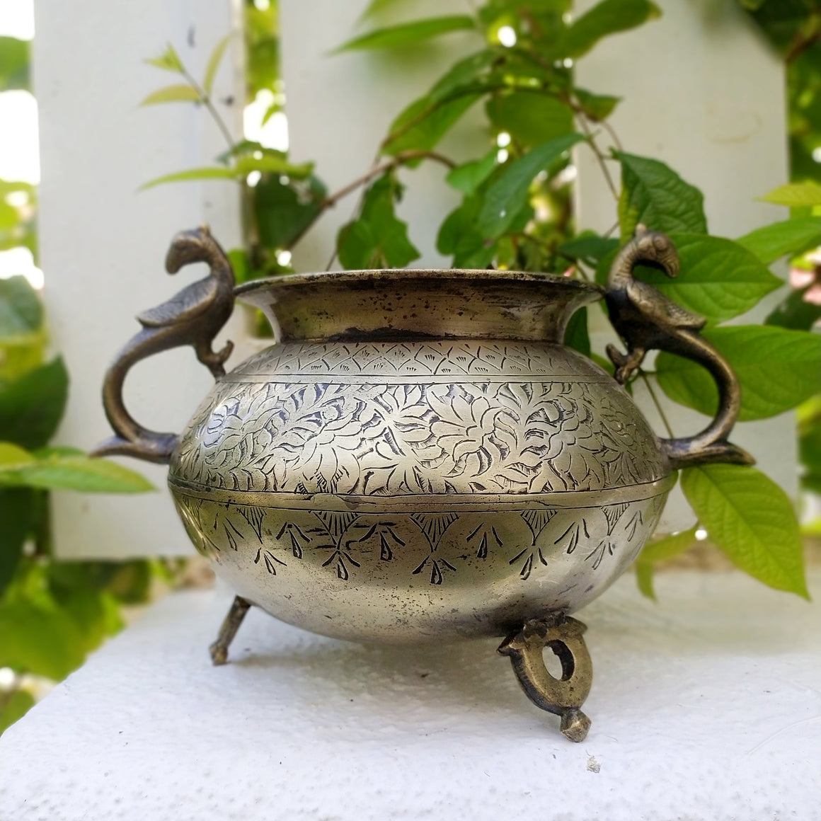 Vintage Brass Planter With Peacock Handles Hand Engraved With Floral Motifs. Height 20 cm x Diameter 16 cm