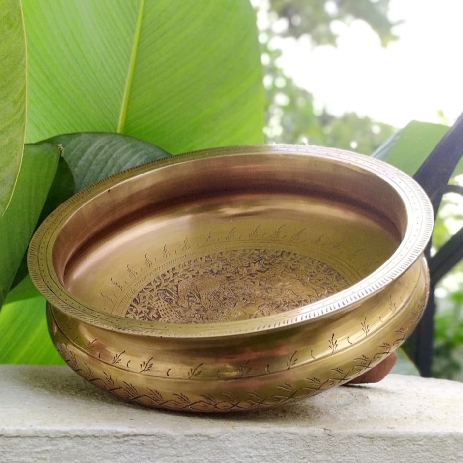 Captivating Brass Urli Hand Engraved With Flora & Fauna. Diameter 30 cm x Ht 11 cm