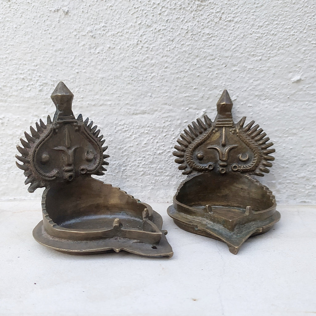 Traditional Pair of Brass Vishnu Oil Lamps from South India. Height 10 x Width 9 cm