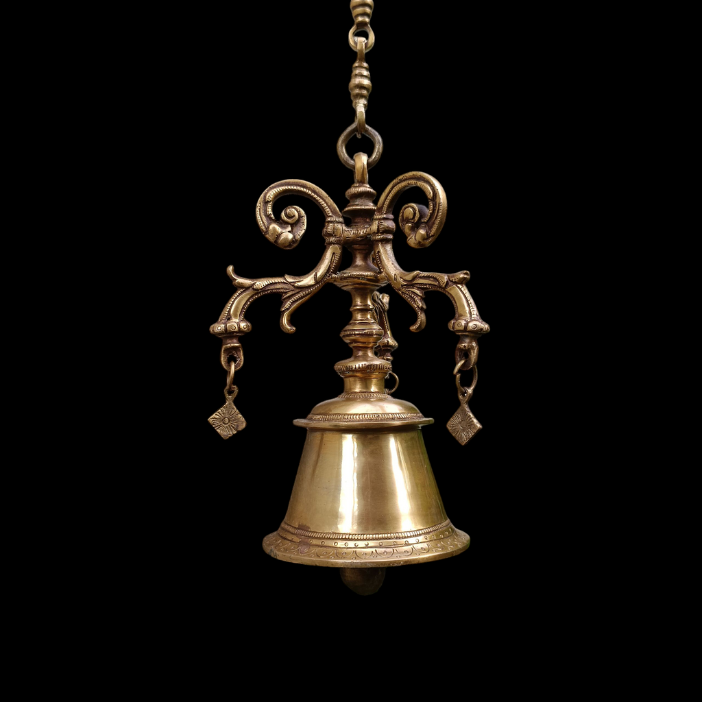 Magnificent Brass Temple Bell On Chain. Length 77 cm x Diameter Of Bell 12.5 cm