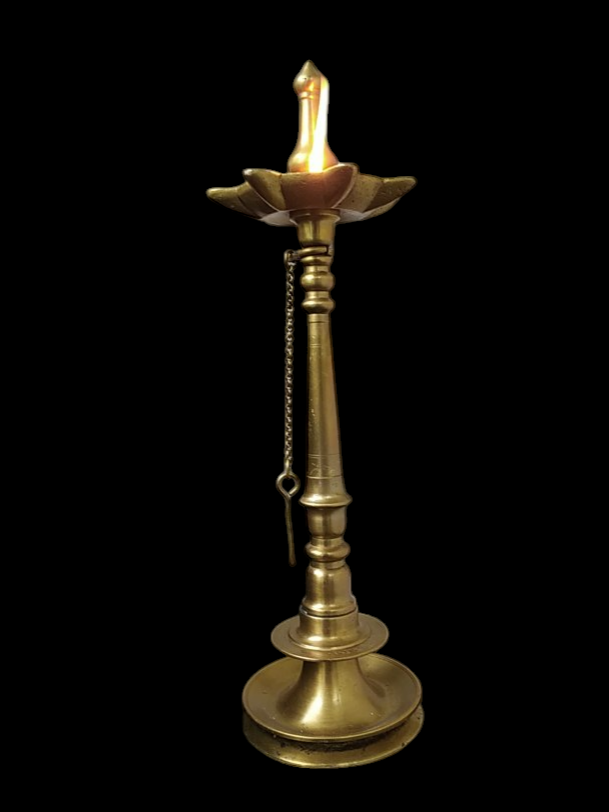 Traditional Brass Oil Lamp | Vilakku With 7 Grooves & Chain. Height 48 cm x Diameter 13 cm