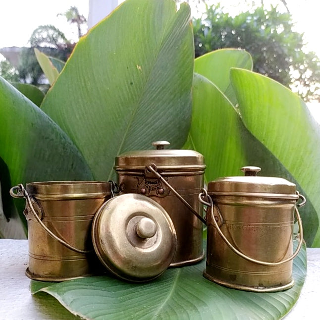 Collection Of 3 Vintage Brass Oil Cannisters | Pails With Lid And Handles. Heights 13 & 10 cm