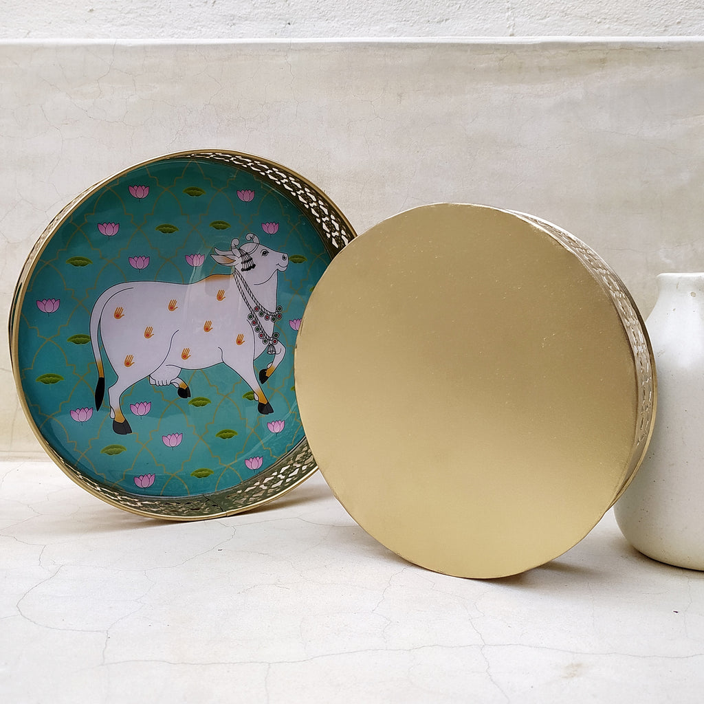 Pair Of Exquisite Round Metal Trays With Pichwai Art Of Nandi. Diameter 25 & 20 cm