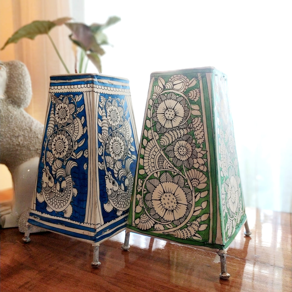 Pair Of Kalamkari Style Leather Lamps In Colours of Vibrant Green & Indigo Blue. Height 24 cm