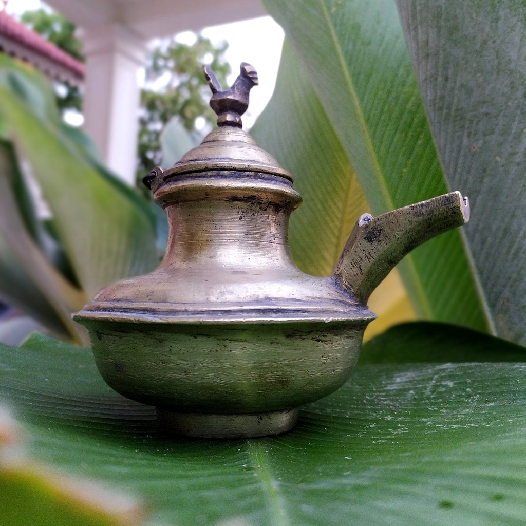 Vintage Brass Ghee Daan With Spout From South India, Ht 15 cm x Length 16 cm