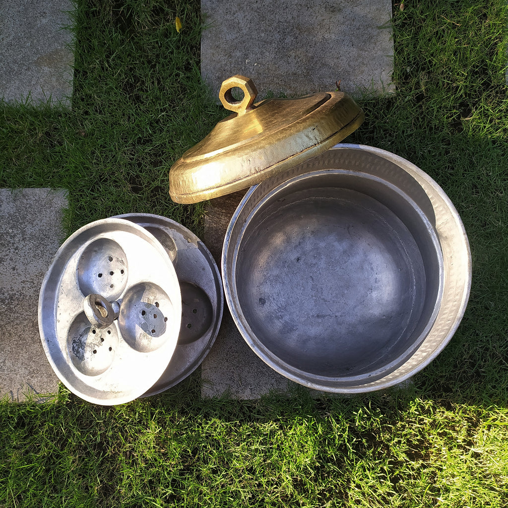 Vintage Idli Steamer | Patra Handcrafted In Brass With 2 Inserts, Height 30 cm x Diameter 25 cm