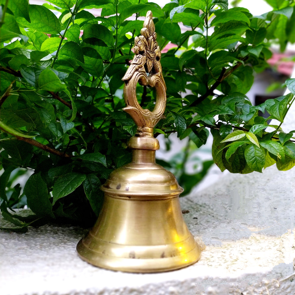 Magnificent Brass Temple Bell With Twin Peacocks. Height 22 cm x Diameter 11 cm