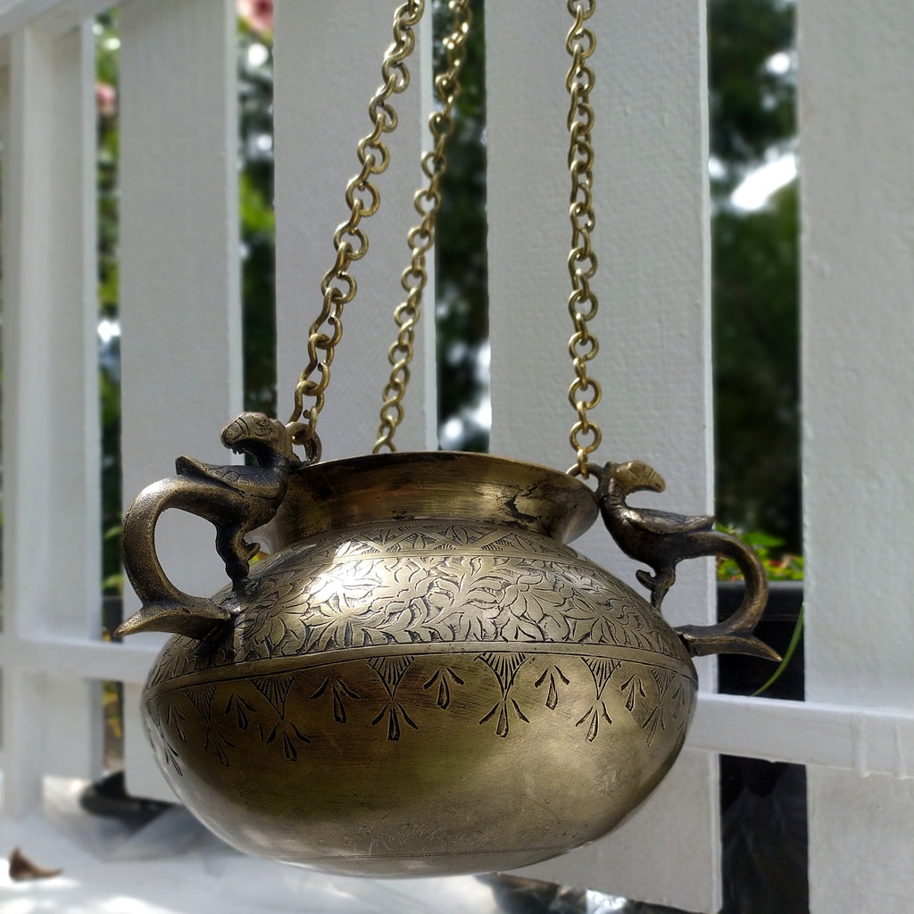 Vintage Hanging Brass Planter With 3 Peacock Handles. Length With Chain 89 cm x Diameter 16 cm