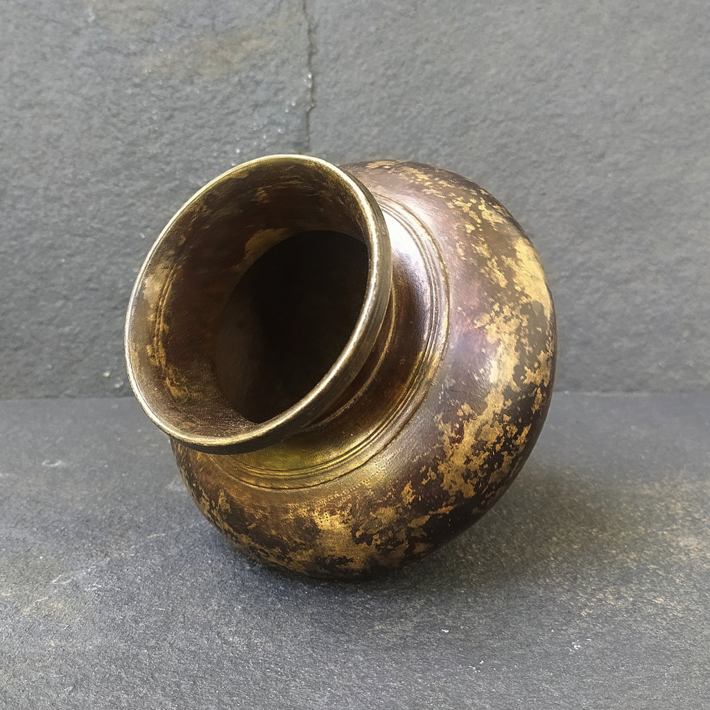 Brass Lota, Drinking Water Vessel In Dark Brown Patina. Ht 13 cm x Dia 8 cm