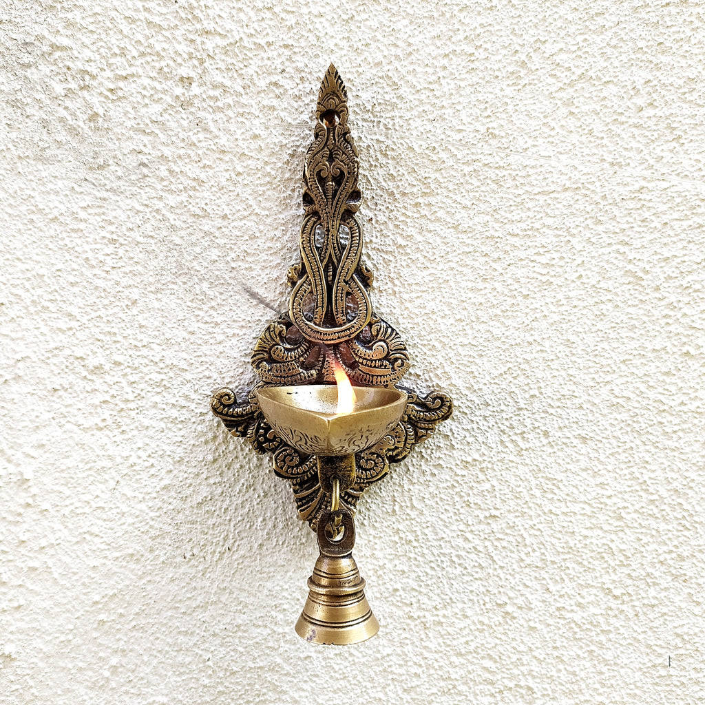 Brass Wall Hanging With Single Deepak | Diya & Brass Bell . Ht 29 cm x W 13 cm X Depth 10 cm