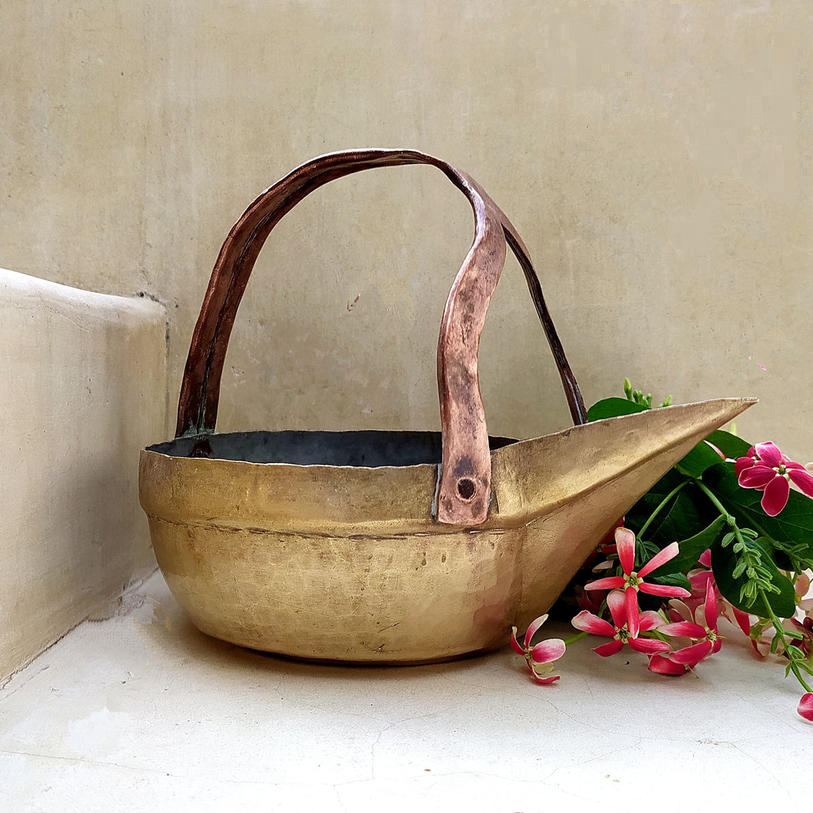 Vintage Brass Food Serving Vessel From South India, L 24  x Ht 18 x W 17 cm, Brass Flower Vase