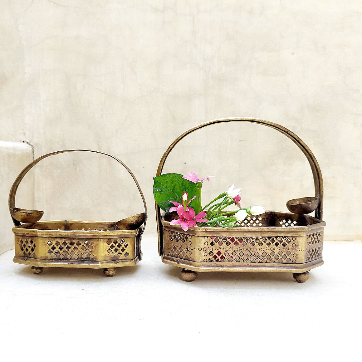 Pair Of Traditional Vintage Brass Flower Baskets, Poola Sajja, L 16 cm & 12 cm