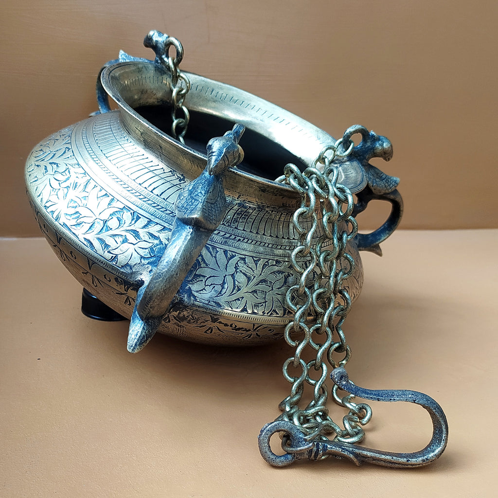 Vintage Hanging Brass Planter With 3 Peacock Handles. Length With Chain 88 cm x Diameter 17 cm