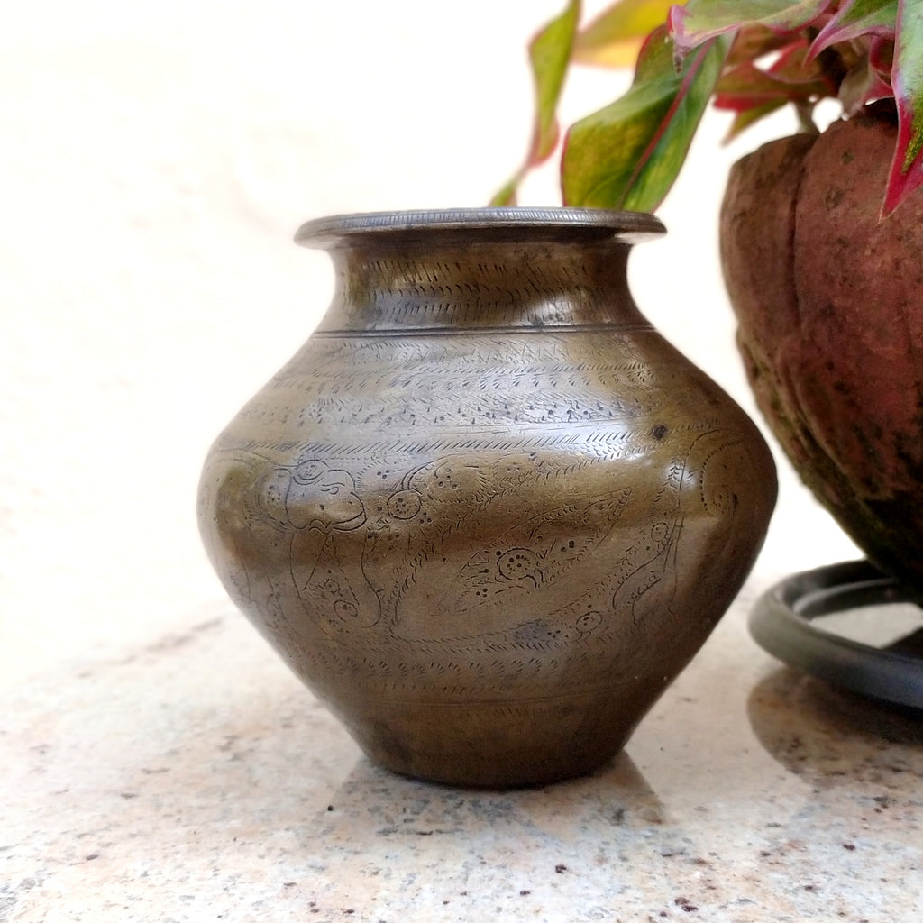 Vintage Brass Lota - Drinking Water Vessel Engraved With Elephants. Height 14 cm x Diameter 10 cm