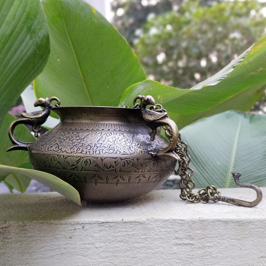 Vintage Hanging Brass Planter With 3 Peacock Handles & Chains. Length With Chain 67 cm x Dia 18 cm