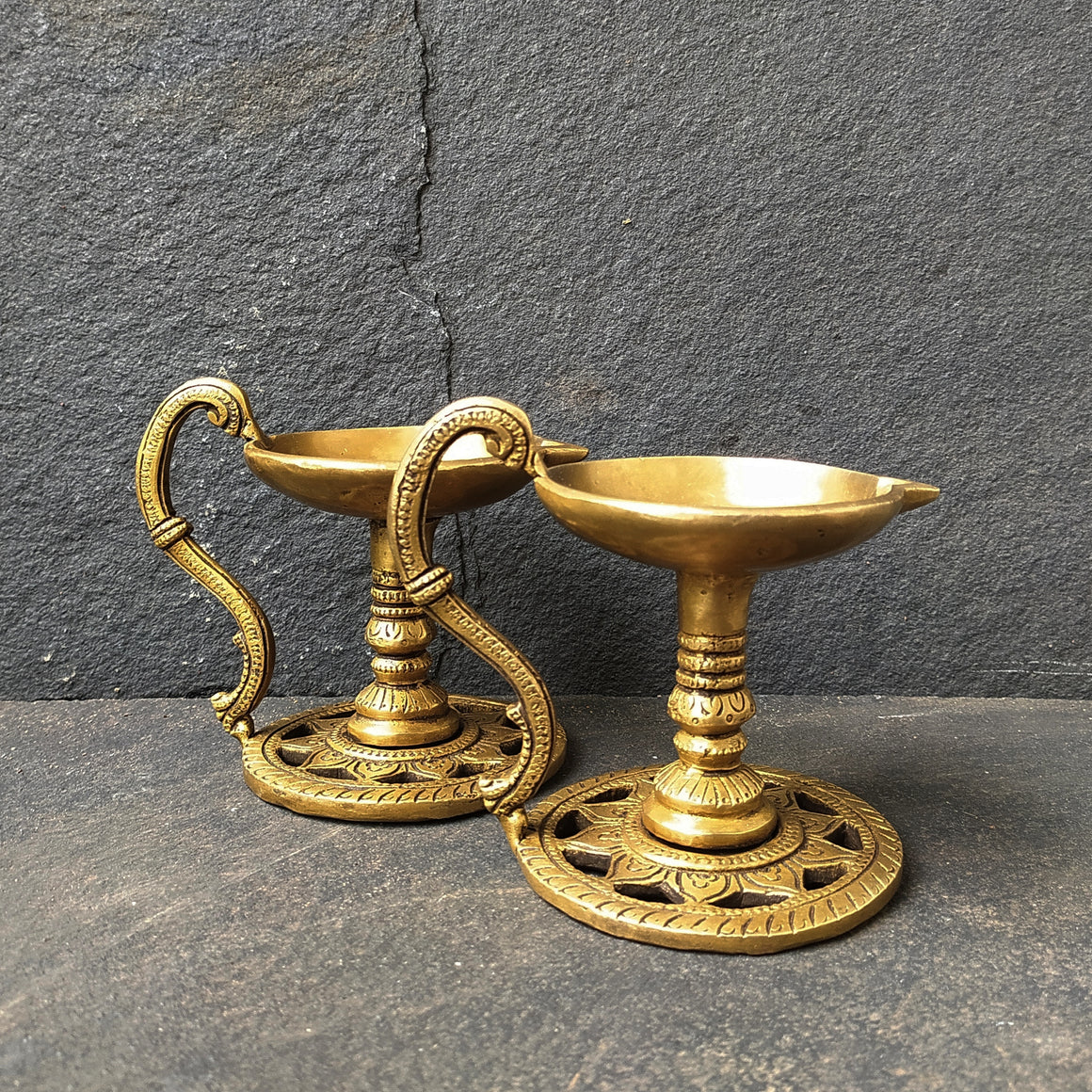 Pair Of Handcrafted Brass Lamps | Diyas  - Length 13.5 cm x Diameter 8.5 cm x Height 10 cm