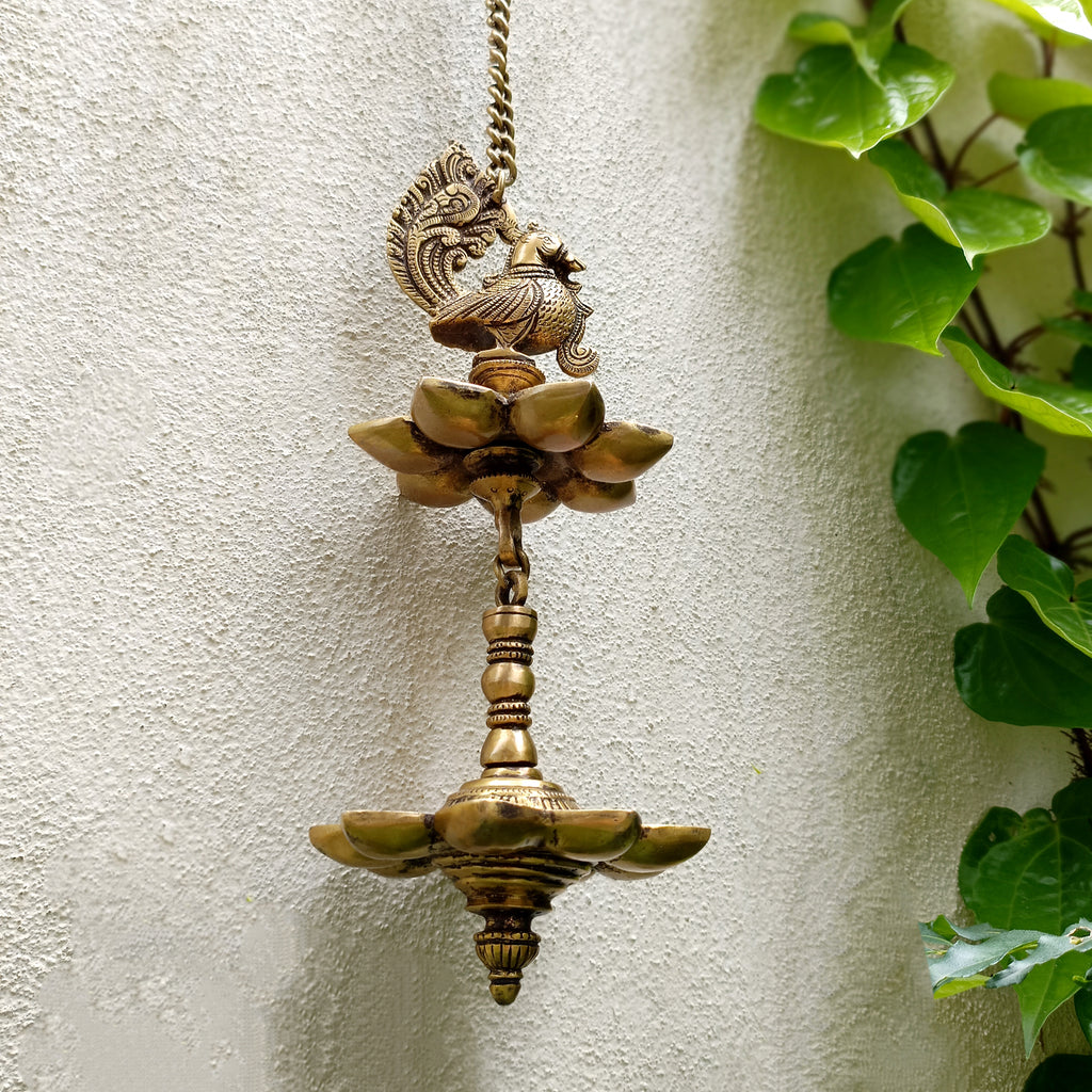 Vintage Two Tiered Brass Lamp of The Mythical Hamsa With 16 Diyas. Length 70 cm