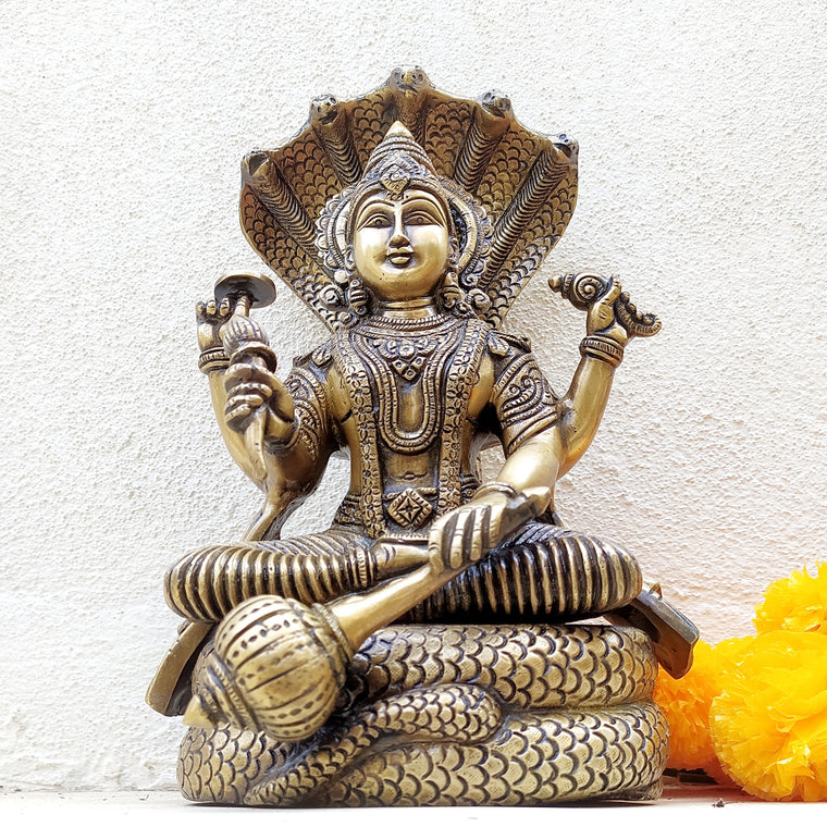 Magnificent 32 cm Tall Brass Sculpture Of Lord Vishnu - Protector Of The World Sitting on Shesh Naag. Height 32 cm
