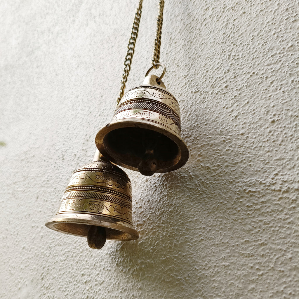 Exquisite Pair Of Brass Temple Bells With Chains. Length 45 cm x Dia 7 cm