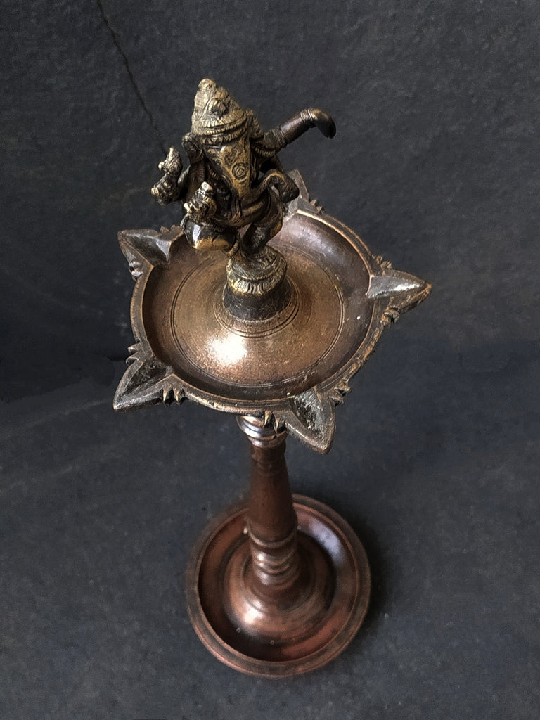 Brass Oil Lamp With Ganesha - God Of Wisdom & New Beginnings, Height 54 cm x Diameter 15 cm