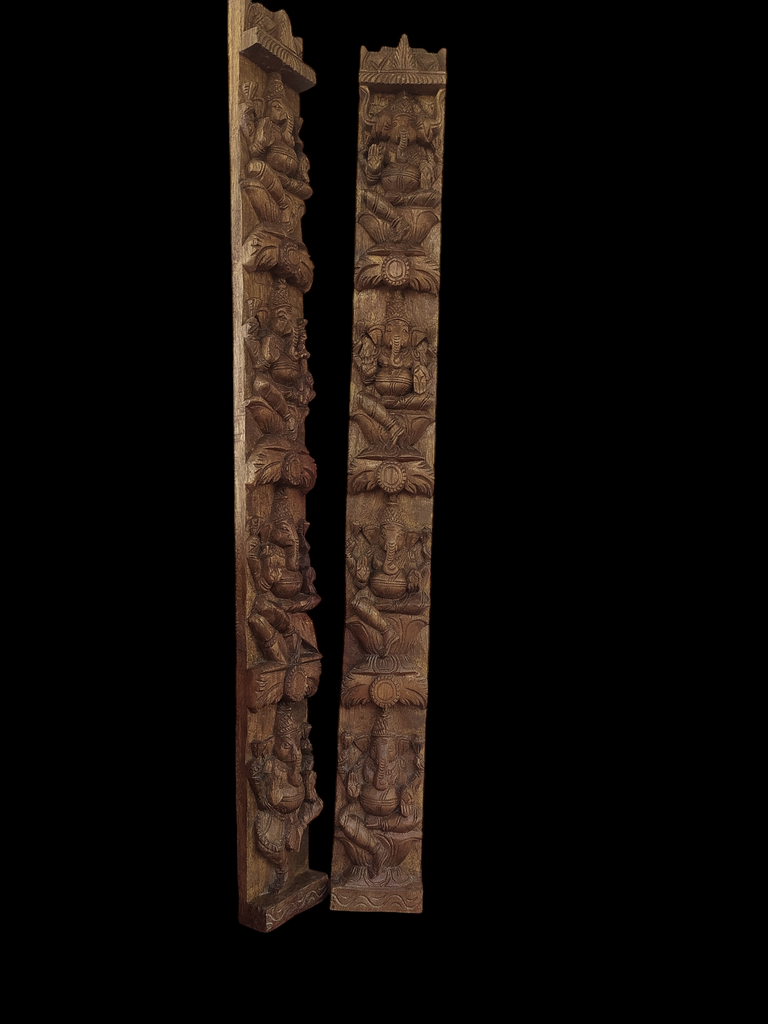 Ashtaganesh - Majestic Pair of Handcrafted Wooden Panels of Lord Ganesha And His 8 Manifestations, H 92 cm x W 10 cm x D 5 cm