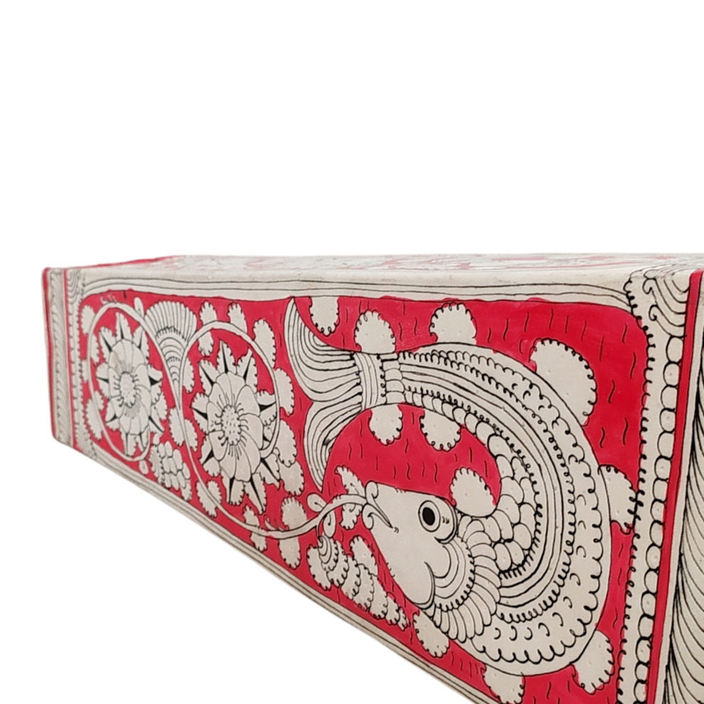 Kalamkari Craft Leather Lampshade With Mythological Fish Figures In Red & White Theme. Height 44 cm