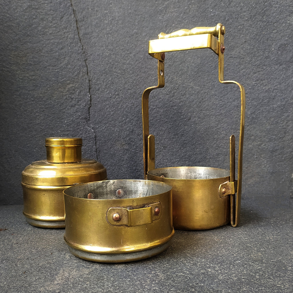 Brass Tiffin Handcrafted With 3 Containers. Height 30 cm x Diameter 11.5 cm