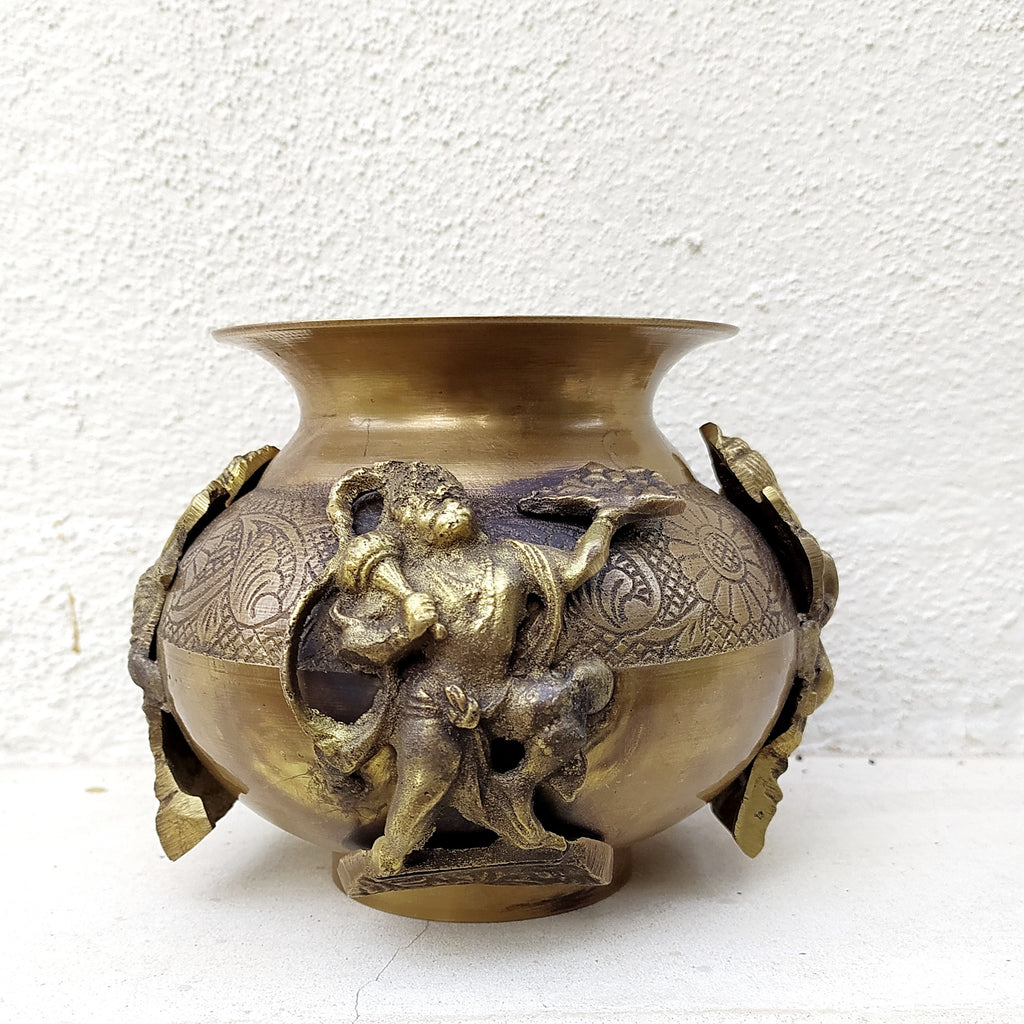 Divine Brass Lota | Vessel Depicting 4 Hindu Gods Ganesha, Hanuman, Lakshmi & Saraswati. H 13 cm x Dia 11 cm