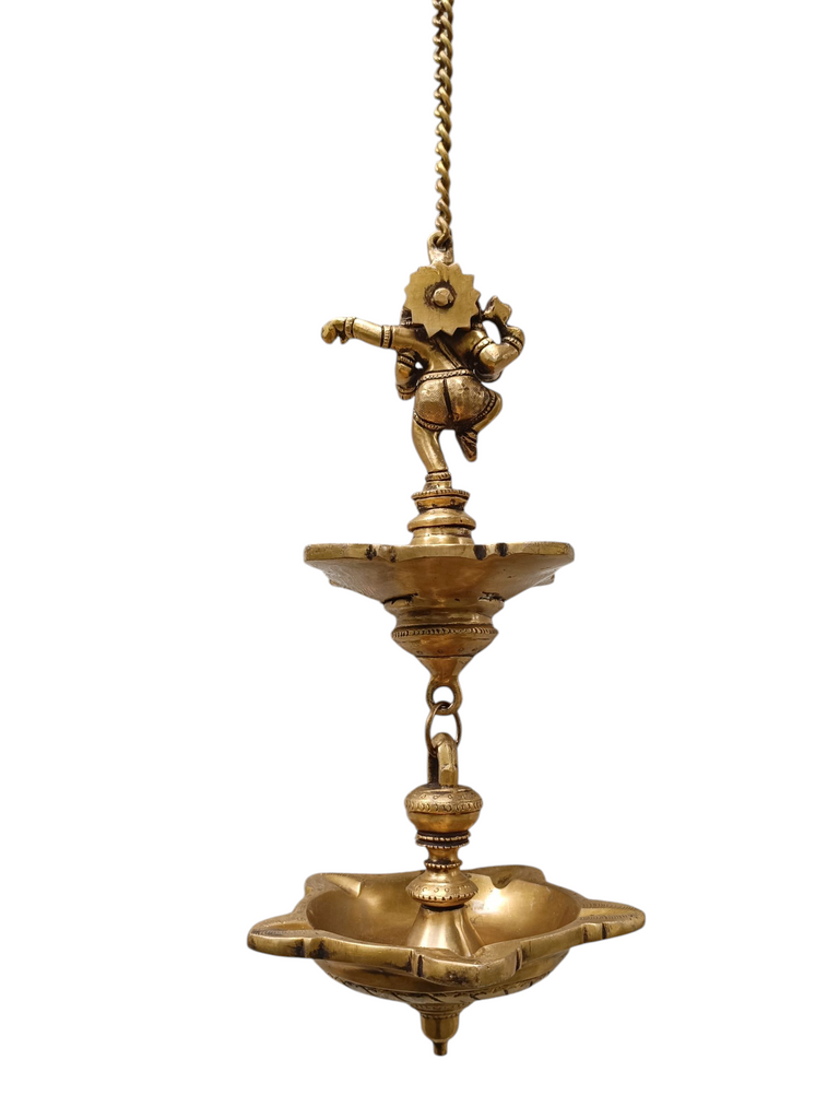 Vintage Brass 2 Tier Ganesh Lamp With 9 Diyas- Length 77 cm