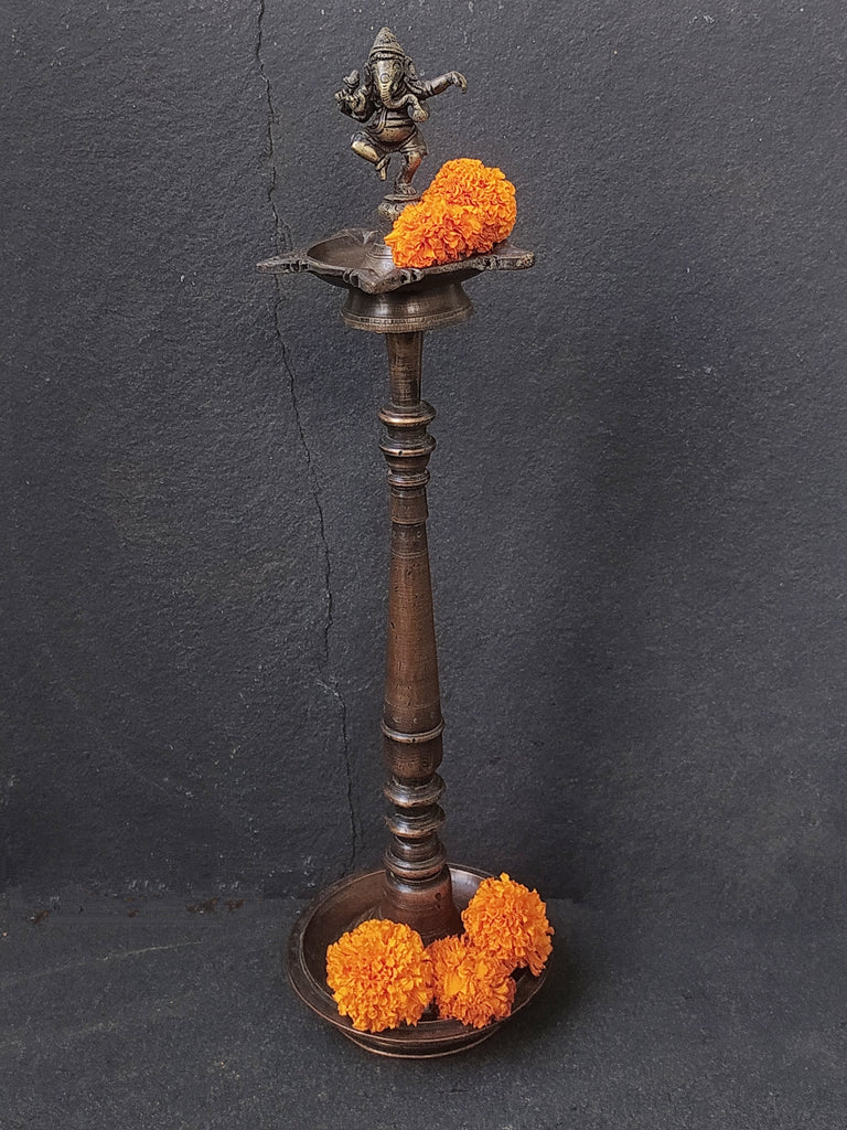 Brass Oil Lamp With Ganesha - God Of Wisdom & New Beginnings, Height 54 cm x Diameter 15 cm