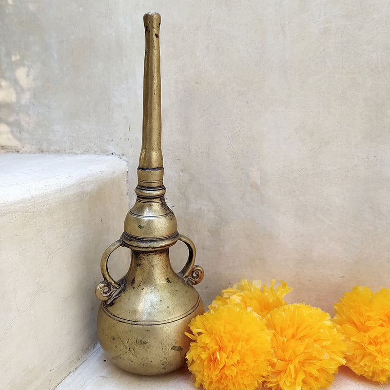 Vintage Brass Oil Dispenser With Twin Handles & Spout For Religious Rituals - Height 23 cm