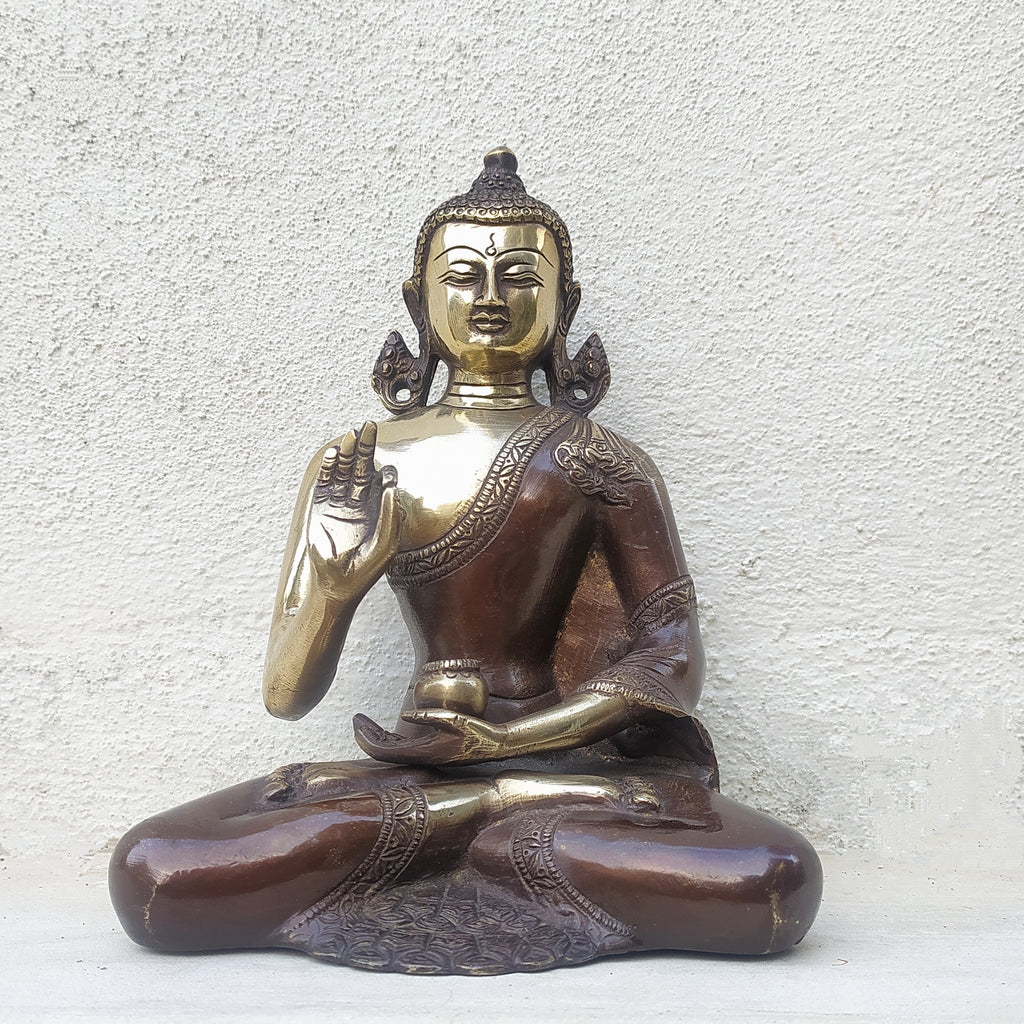 Exquisite Buddha Brass Sculpture In Vitarka Mudra Posture. Ht 23 cm x W 17 x D 10 cm