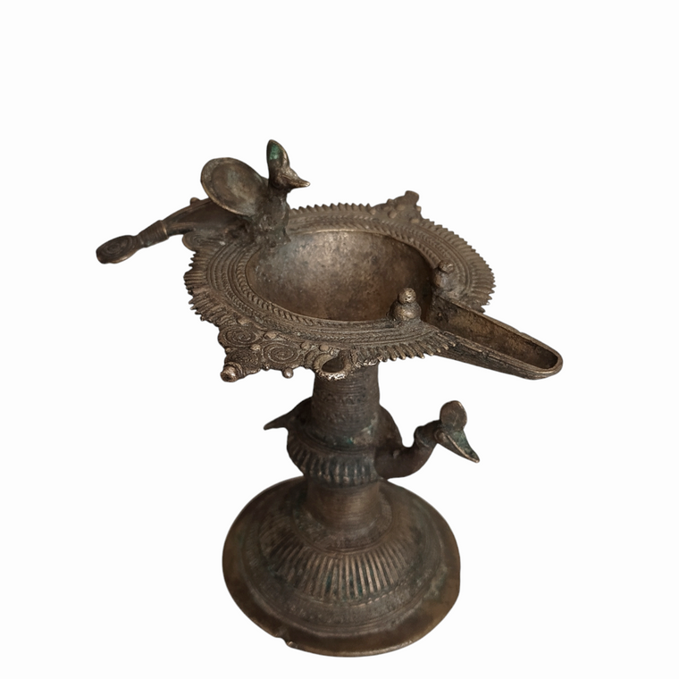 Vintage Odhisa Tribal Dhokra Brass Oil Lamp With Peacocks & Birds. L 16 cm x Ht 14 cm x Width 12 cm