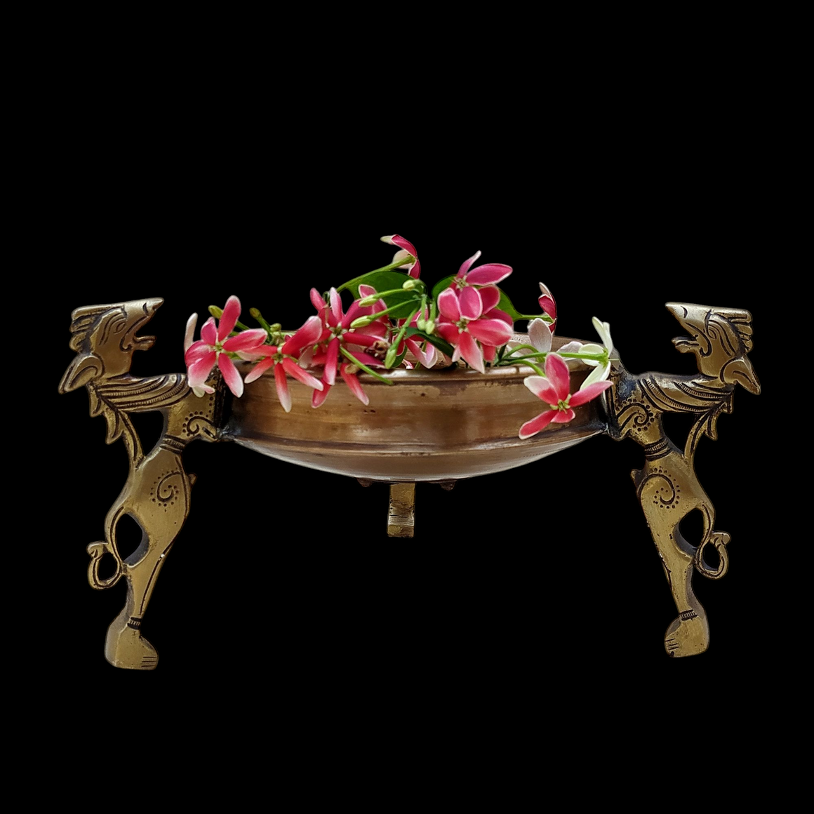 Traditional Brass Urli Handcrafted With 3 Mythical Yali Legs. Diameter 20 cm x Height 15 cm