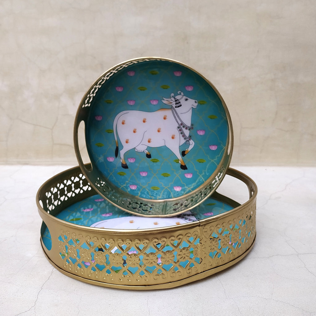 Pair Of Exquisite Round Metal Trays With Pichwai Art Of Nandi. Diameter 25 & 20 cm