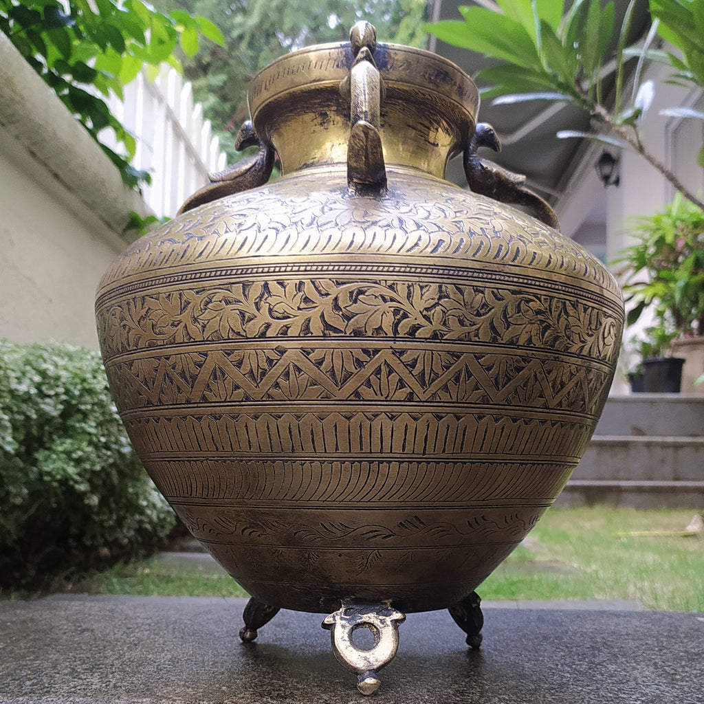 Divine Kalasha Shaped Vintage Brass Planter With 3 Peacock Handles, Ht 32 cm x Diameter 13 cm