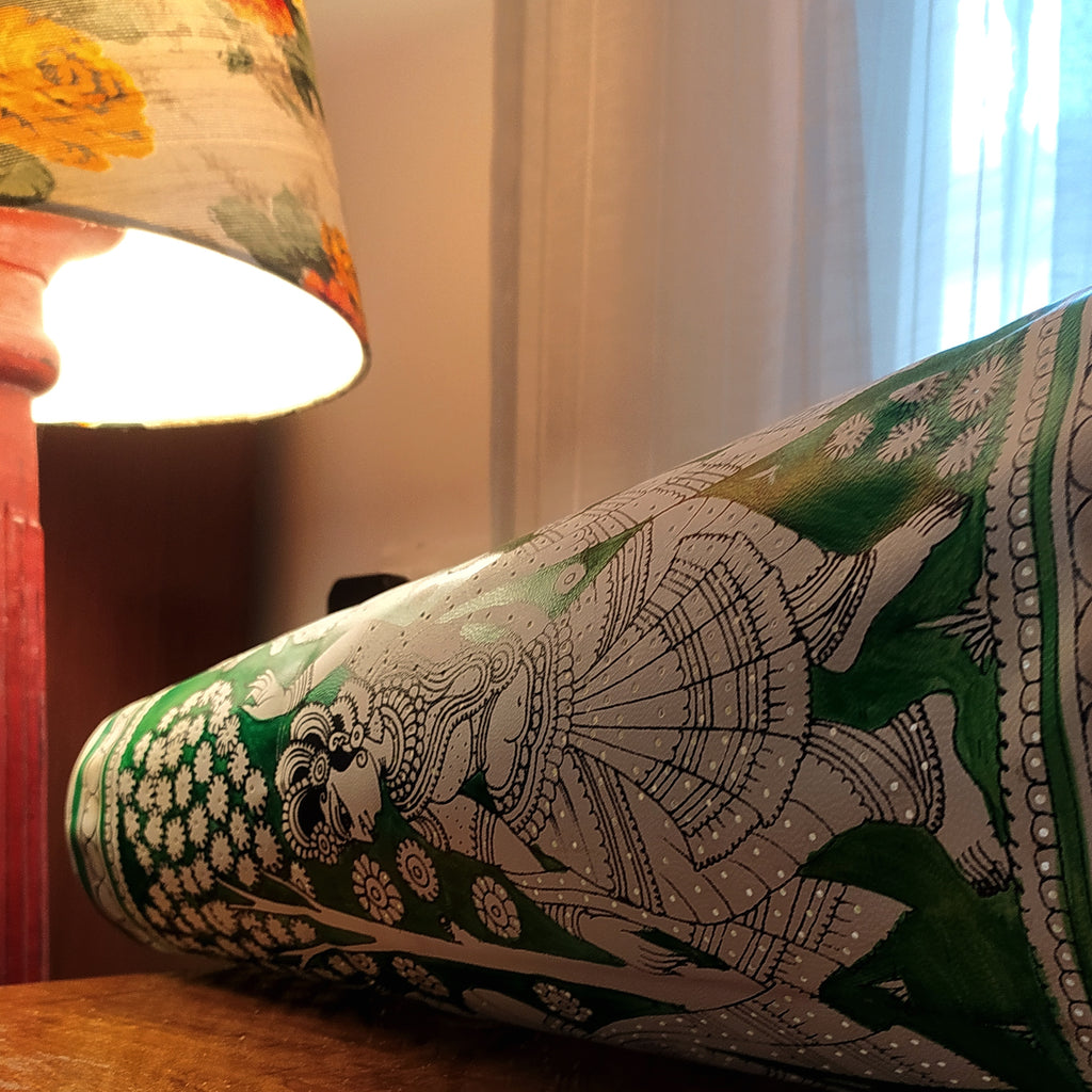 Kalamkari Style Leather Lampshade Depicting Radha Krishna In Colours of Vibrant Green & White. Height 44 cm