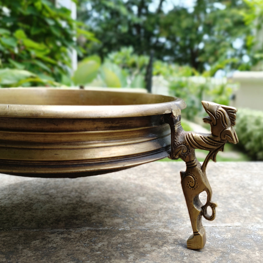 Traditional Brass Urli Handcrafted With 3 Mythical Yali Legs. Diameter 28 cm x Height 15 cm