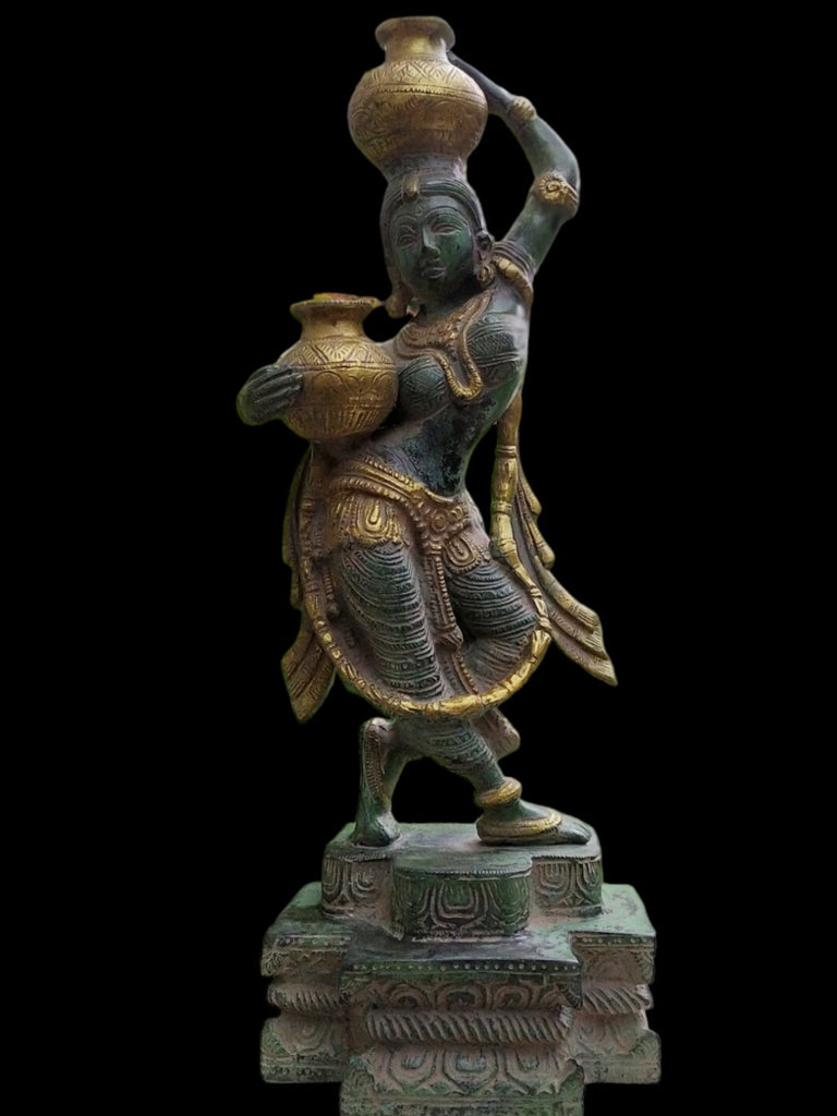 Village Woman Carrying Water Pots Handcrafted In Brass With A  Green & Gold Patina. Height 38 cm