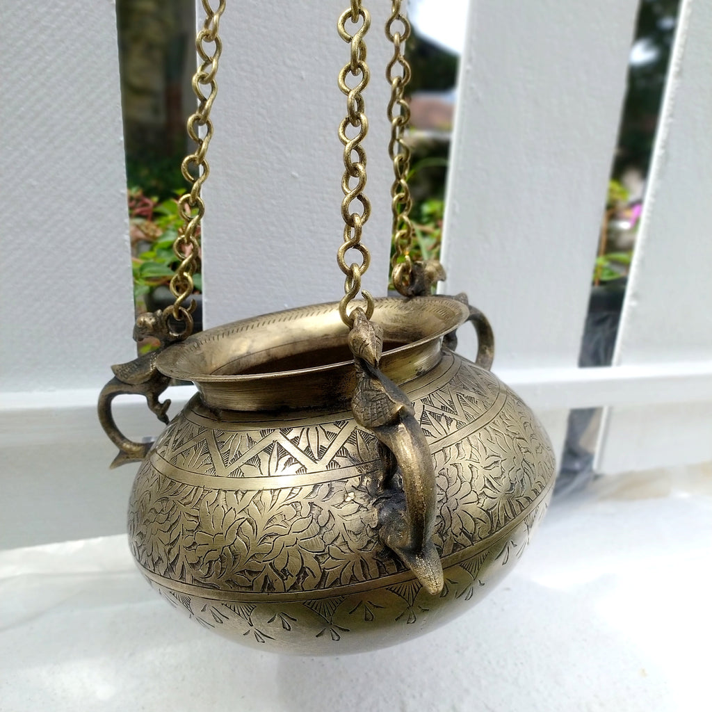 Vintage Hanging Brass Planter With 3 Peacock Handles. Length With Chain 89 cm x Diameter 16 cm