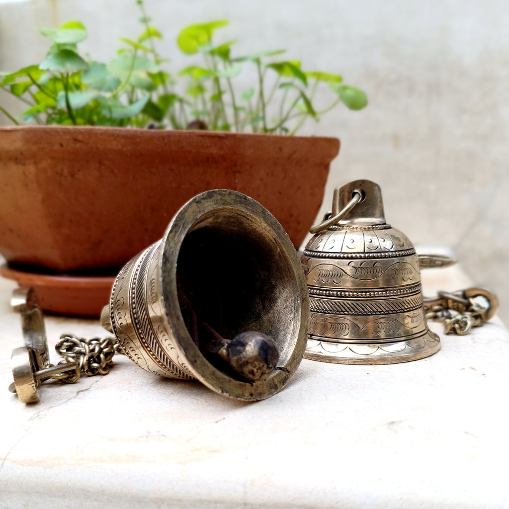 Exquisite Pair Of Brass Temple Bells With Chains. Length 45 cm x Dia 7 cm