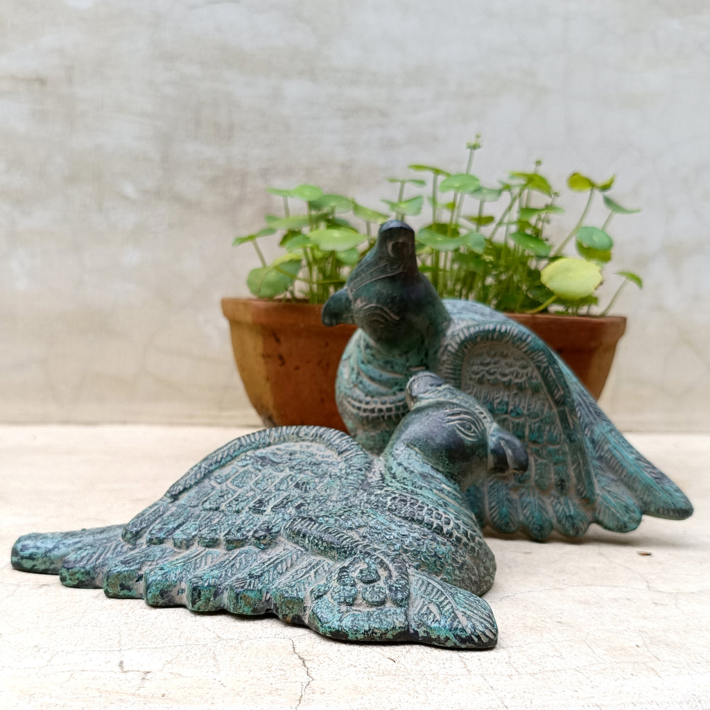 Enchanting Pair of Handcrafted Brass Parrots. Length 16 cm x Height 13 x Depth 5 cm