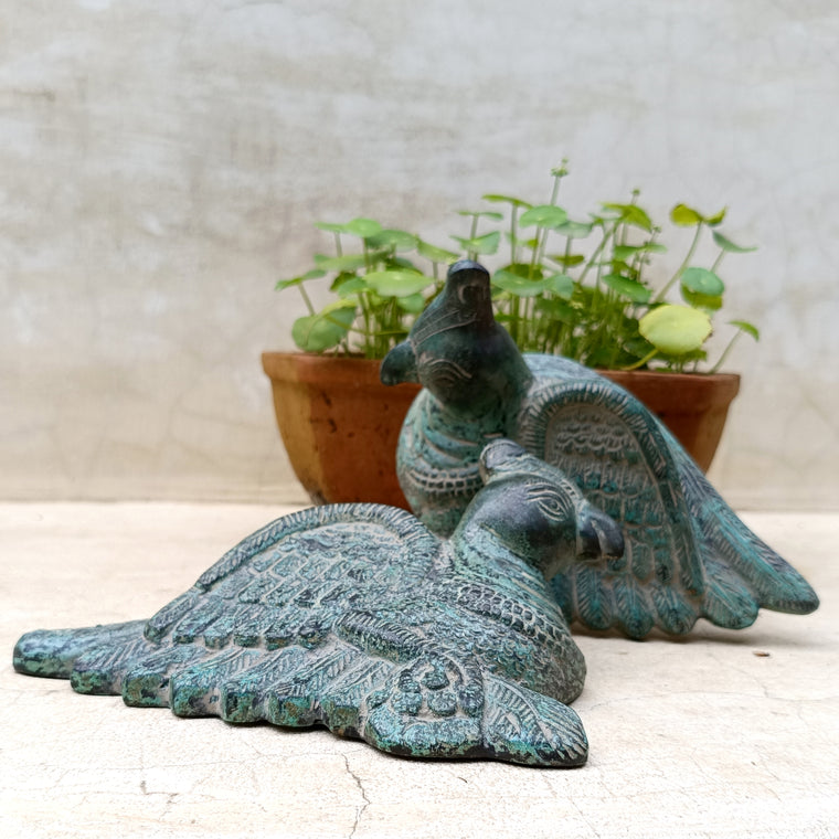 Enchanting Pair of Handcrafted Brass Parrots. Length 16 cm x Height 13 x Depth 5 cm